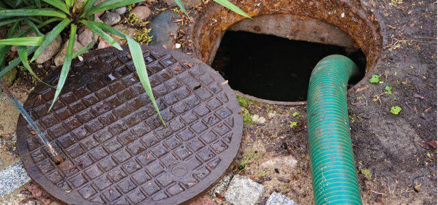 Green pipe coming out of the ground drain emptying