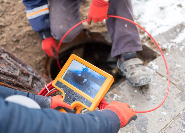 Plumbers Checking Sewer Manhole With Borescope Inspection Camera